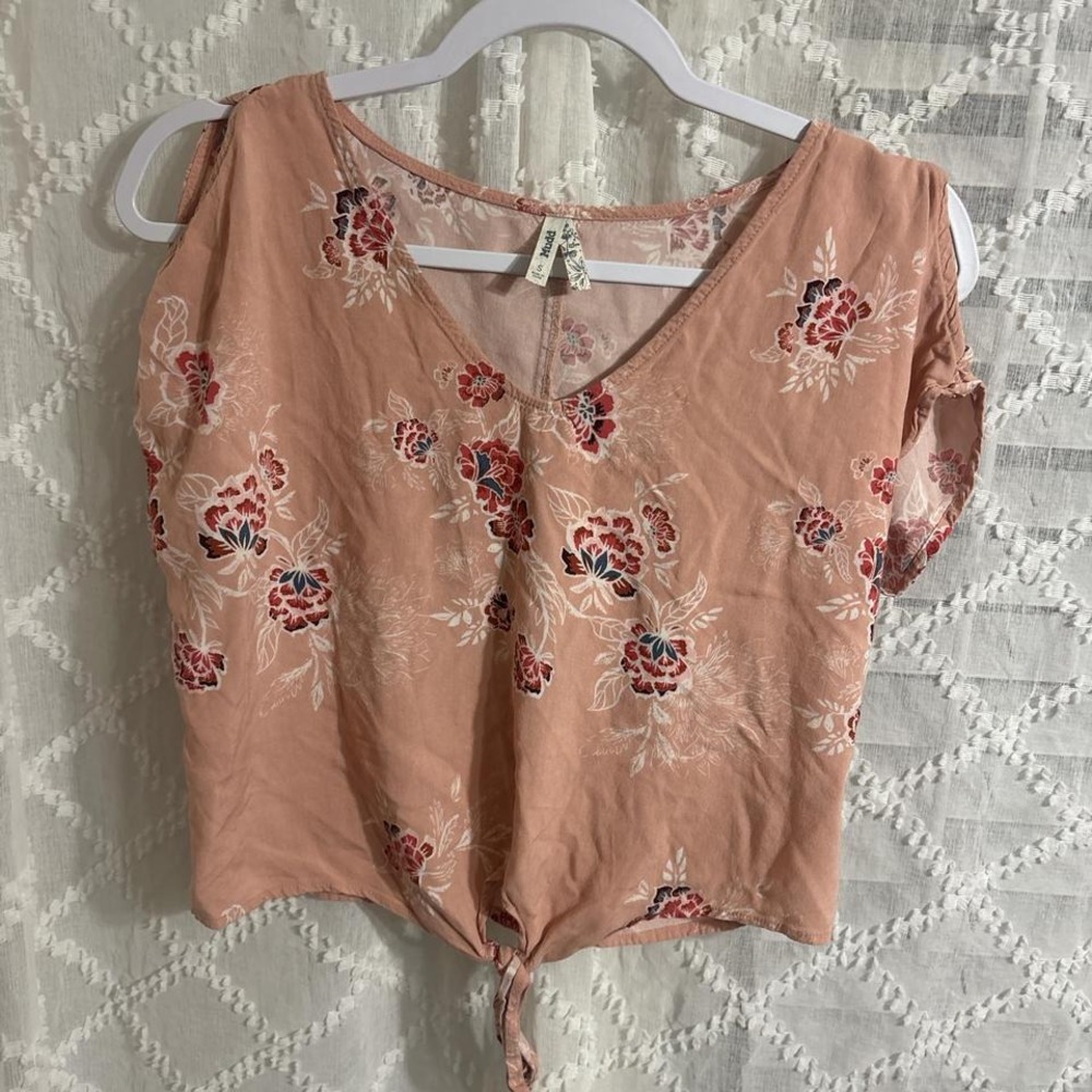 Mudd Womens Peach Pink Floral Cold Shoulder Front Tie Hem Blouse Top Size S